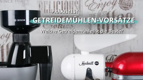 Getreidemühlen-Vorsätze verschiedener Marken auf Küchenmaschinen in einer Küchenumgebung